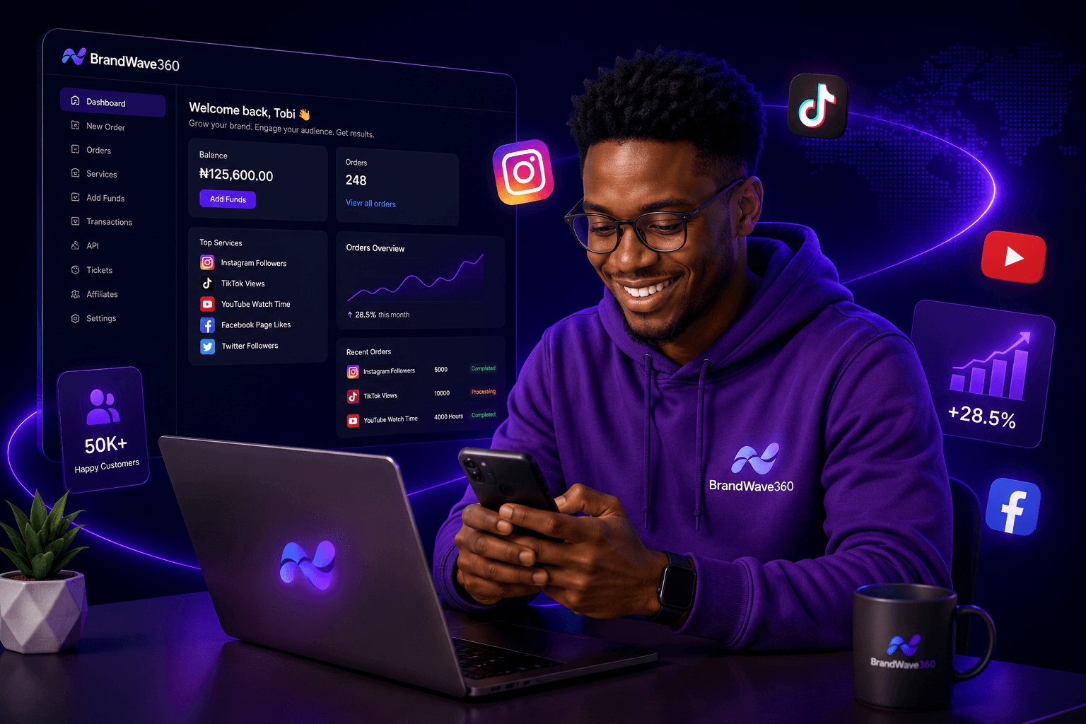 A Brandwave360 creator growing their social presence across Instagram, TikTok, YouTube, and Facebook