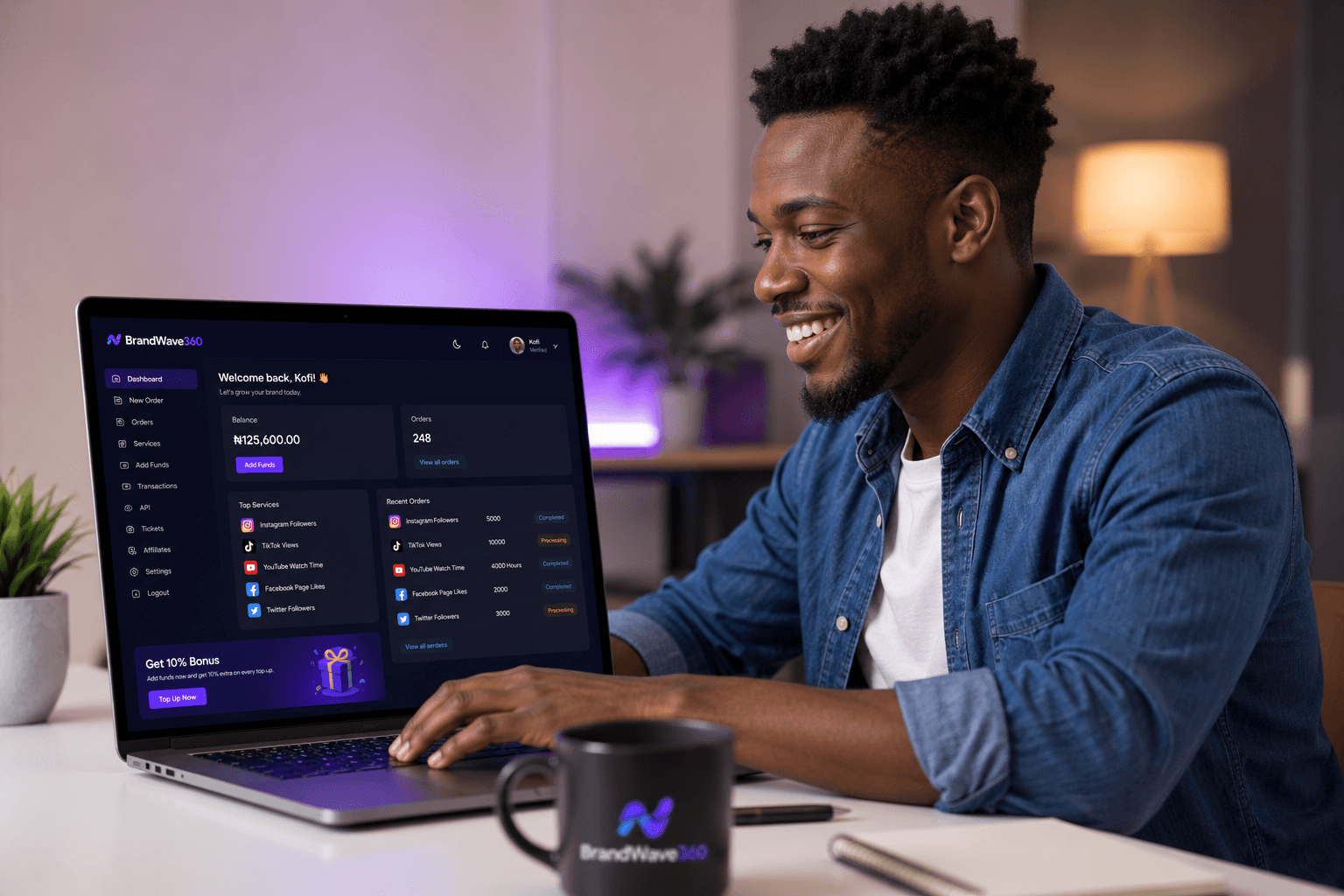 A Brandwave360 creator growing their social presence across Instagram, TikTok, YouTube, and Facebook